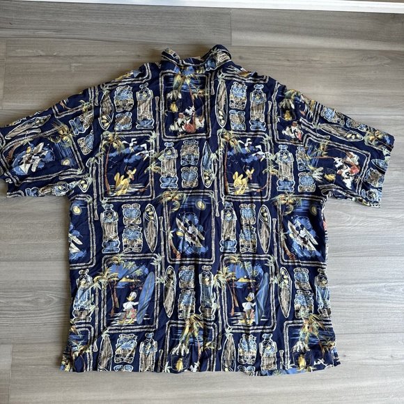 Disney Store Mens Tiki Mickey Donald Surfing Blue Hawaiian Shirt Size XL Aloha - Picture 9 of 9
